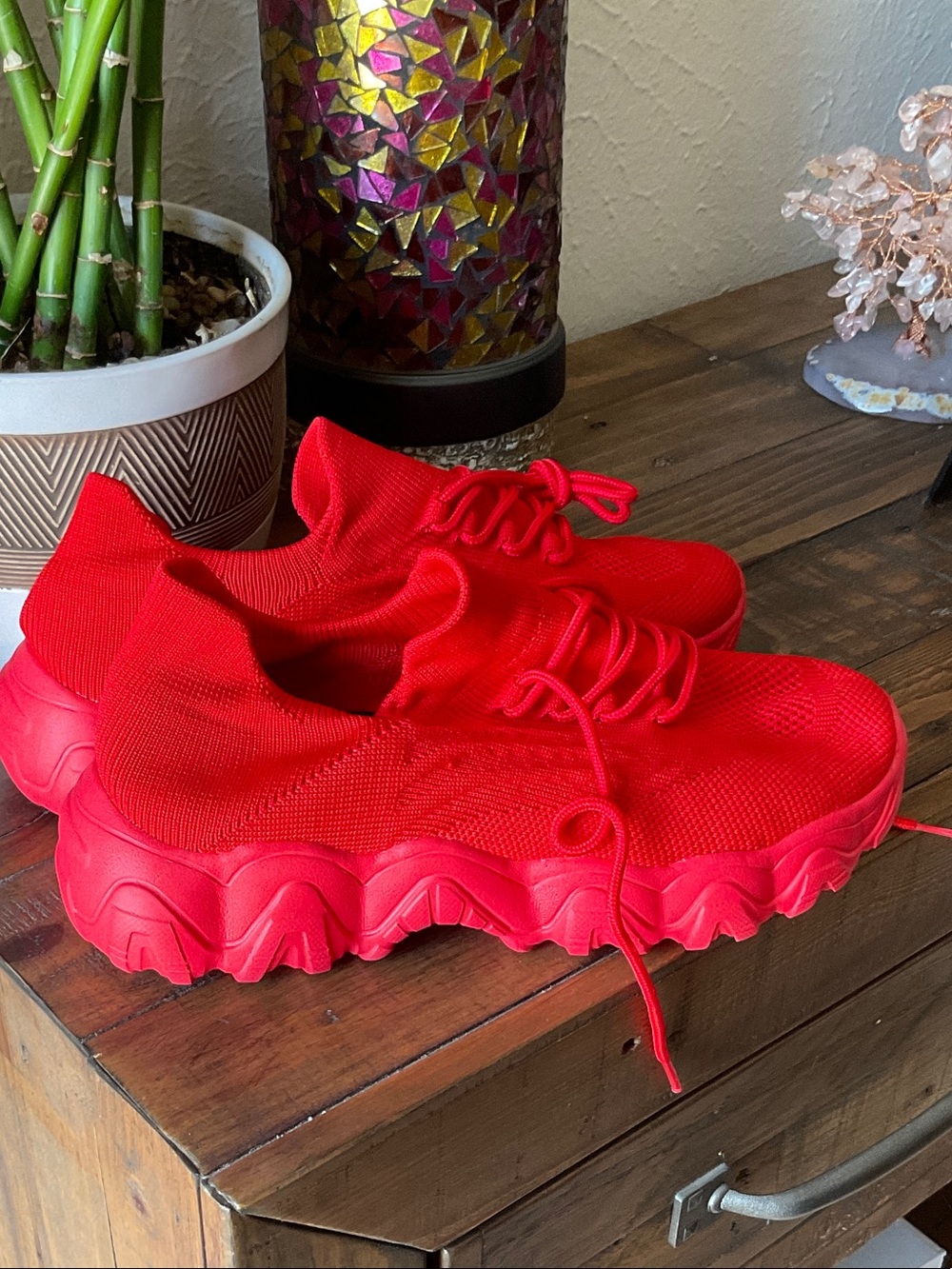 Bold Red Knit Platform Sneakers - Women's Athletic Style